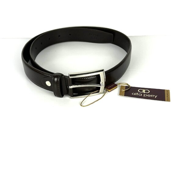 Alfa‎ Perry Belt Mens Genuine Leather Brown Stitched Dress Classic - Picture 1 of 9